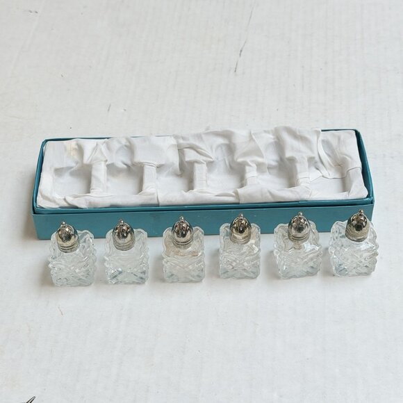 FB Rogers Crystal Glass 3 Salt 3 Pepper Shakers Serveware Silver Plate Set Vtg - Picture 1 of 8